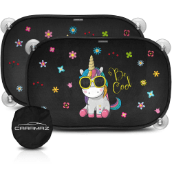 CARAMAZ Sonnenschutz Auto Baby mit UV Schutz 48x30cm - 2 Stück mit Saugnäpfen - Sonnenblende Auto Kinder - Auto Fenster Sonnenschutz - Sonnenblende Auto Baby Sonnenschutz Motiv: Pink-Einhorn Rosa