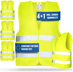 HELDENWERK Auto Warnweste 2023 4 Stück + 1 für Erwachsene europaweit einsetzbar - Reflektierende Warnwesten inkl. Kinderweste - Sicherheitsweste, Pannenweste