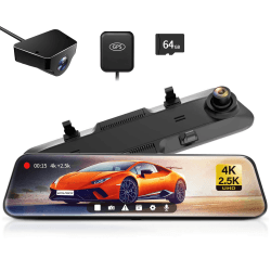 WOLFBOX Dashcam 4K + 2,5K für Rückspiegel: Front- und Rückspiegel Dashcam für Auto mit 12 Zoll Bildschirm, WDR Kamera, Nachtsicht, 64GB Karte und gratis GPS