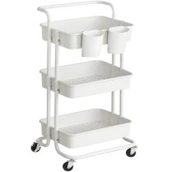 SONGMICS Rollwagen, 3 Ebenen, Servierwagen, Küchenwagen mit Griff, 2 kleine Einhängefächer, 2 Bremsen, Ablagefächer aus Kunststoff, einfacher Aufbau, Schlafzimmer, Waschküche, weiß BSC067W01