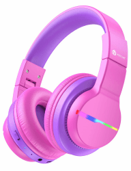 iClever Bluetooth Kinder Kopfhörer, Farbige LED-Leuchten, Kinderkopfhörer Over-Ear mit 74/85/94dB Lautstärkebegrenzung, 55 Stunden Spielzeit, Bluetooth 5.2, eingebautes Mikrofon BTH12 Pink Lila