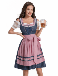 Dresime Dirndl Damen Midi Trachtenkleid Damen Blau Rose Kleid inkl.Dirndlbluse für Oktoberfest Outfit