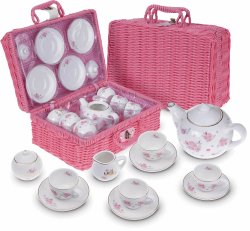 Jewelkeeper - Porzellan Teeservice für kleine Mädchen mit rosa Picknick-Korb, Kindergeschirr Spielküche, 13-teilig - florales Design