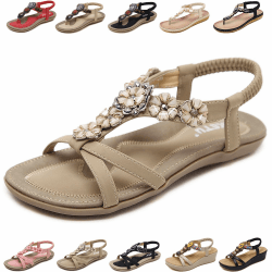 QJJQ Sandalen Damen mit Absatz Sommer Bequem Elegant Sandalen mit Strass Perlen Bohemia Strand Schuhe Freizeit Flach Sandalette Größe 36-42 40 EU Beige A