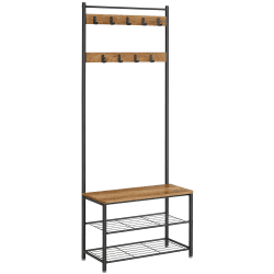 VASAGLE Garderobenständer, Kleiderständer mit Schuhablagen, Schuhregal mit Sitzfläche, für Flur, mit Haken, 3 Ablagen, aus Metall, Höhe 177 cm, Industrie-Design, walnussbraun-schwarz HSR041B41 Walnussbraun + Schwarz