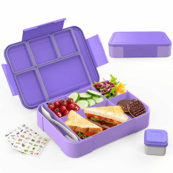kinkaocio Brotdose Kinder mit Fächern, 1300ml Lunchbox für Kinder, Auslaufsichere Bento Box mit 5 Fächern Besteckset, Lunch Box für Kindergarten, Schule, Picknick, Ausflug (Lila)