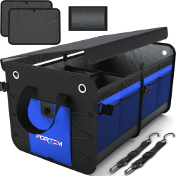FORTEM Kofferraum Organizer, Kofferraumtasche, Zusammenklappbarer Auto Organizer Kofferraum mit Fächern, Rutschfester Boden, Verstellbare Sicherungsriemen, Klappbarer Deckel (Blau, 2 Fächer) 2 Fächer Blau