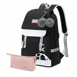 GUIVITU Schulrucksack Mädchen Teenager Schul Rucksack Damen Schulranzen Jungen 3 5 Klasse Grundschule Ergonomischer Kinder Schultasche Casual Daypacks School Bag for Girls mit Federmäppchen Set Schwarz