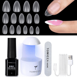TOMICCA Nail Tips and Glue Gel Kit-Gel Nail X Extension Set Nageltips und Kleber Gel Nail Kit,8 in 1 Nagelkleber, 240PCS Soft Gel Full Cover Nail Tips Nagelverlängerung, UV Lampe-Kurz Almond