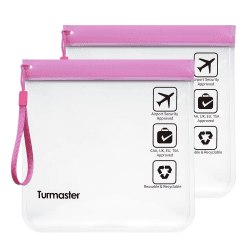 Turmaster 2 Packen Flughafen zugelassener durchsichtiger Kulturbeutel, auslaufsichere Flughafensicherheit zugelassene Flüssigkeitsbeutel 20 x 20cm, wasserdichte Reisekulturbeutel,Rosa mit Griff 2pc-rosa mit Griff