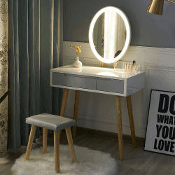 YOURLITE Schminktisch, Schminktisch mit LED-Beleuchtung, Spiegel, gepolsterter Hocker und Make-up-Organizer, Weiß Weiß+grau+ovaler Spiegel