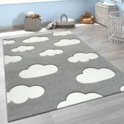 Paco Home Kinderzimmer Teppich Grau Weiß Pastellfarben Wolken Motiv Kurzflor 3-D Design, Grösse:80x150 cm 80 x 150 cm