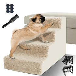 Zvonema ZNM Hundetreppe, 4 Stufen Haustiertreppe für Katzen und Hunde, Abnehmbare Katzentreppe mit Waschbar Plüschbezug - Senden Gummiauflagen & Fusselrolle Hochwertige 4 Stufen Khaki