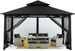 MASTERCANOPY 3 x 3,6 m Doppeldach Gartenlaube Pavillon mit 4 Netzwänden für Garten, Hof, Schwarz 3x3.6M Schwarz
