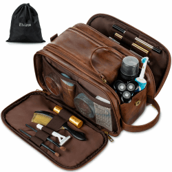 Elviros Kulturbeutel Herren aus PU-Leder große Kulturtasche Damen wasserdichte Reise-Kulturtasche Waschtasche im Bade Kosmetiktasche mit einem Nass-Trockenbeutel Dunkel Braun 30,5 x 17 x 18 cm