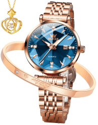 OLEVS Damenuhren Analog Quarz Armbanduhren mit Diamant Kleines Gesicht Gold Edelstahlband wasserdichte Uhr 5536:blau