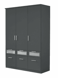Rauch Möbel Bochum Schrank Kleiderschrank Drehtürenschrank 3-türig mit 6 Schubladen, Grau Metallic / Milchglas, BxHxT 136x199x56 cm