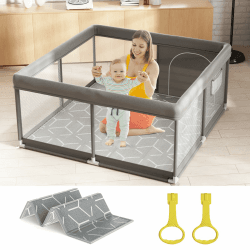 Mloong Laufstall Baby, Laufgitter Baby mit Spielmatte, 120x120x65cm Kleines Laufstall, Laufstall für Apartment, Laufgitter mit Atmungsaktivem Netz an Vier Seiten und Saugnäpfen 120X120CM grau