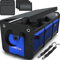 FORTEM Kofferraum Organizer, Kofferraumtasche, Zusammenklappbarer Auto Organizer Kofferraum mit Fächern, Rutschfester Boden, Verstellbare Sicherungsriemen, Klappbarer Deckel (3 Fächer, Blau) 3 Fächer Blau