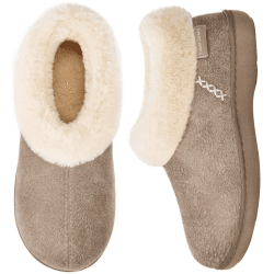 EverFoams Damen Hausschuhe aus Mikro-Wildleder, flauschig, mit Plüsch gefüttert, mit gemütlichem Memory-Schaum 36/37 EU Taupe