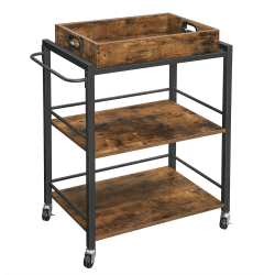 VASAGLE Servierwagen mit abnehmbarem Tablett, feststellbarer Küchenwagen mit Universalrollen, Küchenregal, 65 x 40 x 86 cm, stabiles Metallgestell, Industrie-Design, vintagebraun-schwarz LRC72X Vintagebraun + Schwarz