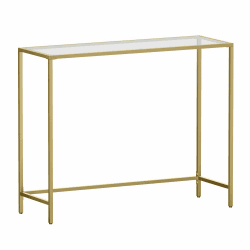 VASAGLE Konsolentisch, Beistelltisch, Oberfläche aus Hartglas, 35 x 100 x 80 cm, moderner Sofatisch, einfacher Aufbau, verstellbare Füße, Wohnzimmer, Flur, goldfarben-transparent LGT26G