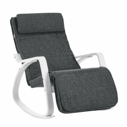 SONGMICS LYY011G01 Schaukelstuhl aus Birkenholz, Schaukelstuhl, mit Fußstütze verstellbar in 5 Winkeln, Leinenimitat, Tragkraft 150 kg, Wohnzimmer, Dunkelgrau