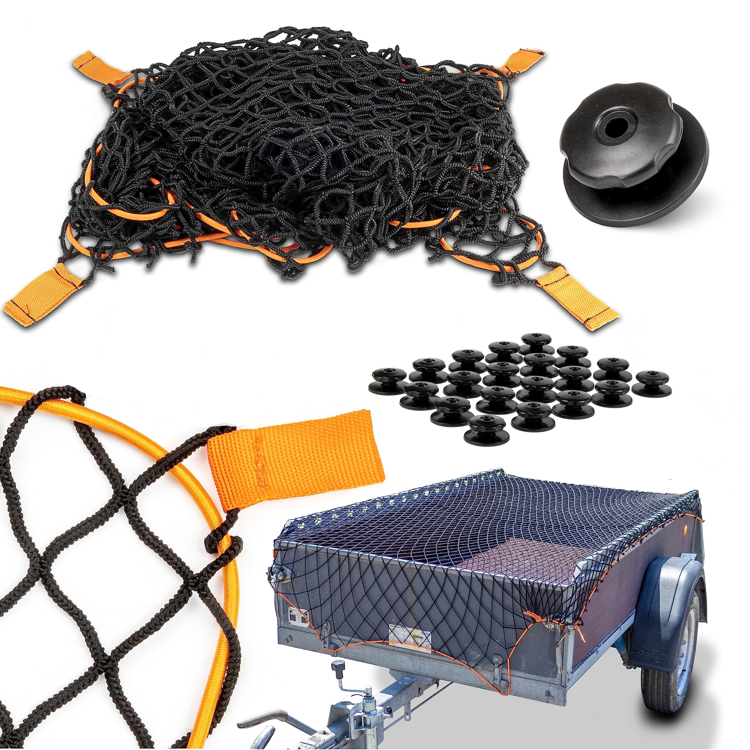 CargoVA® Intelligentes Anhängernetz dehnbar 1x2 bis 2x3 M - elastisches Hängernetz schwarz mit Gummiseil, 20 Planenhaken und Eckenmarkierung - für die perfekte Ladungssicherung Schwarz 1x2 - 2x3M mit 20 Rundknöpfen