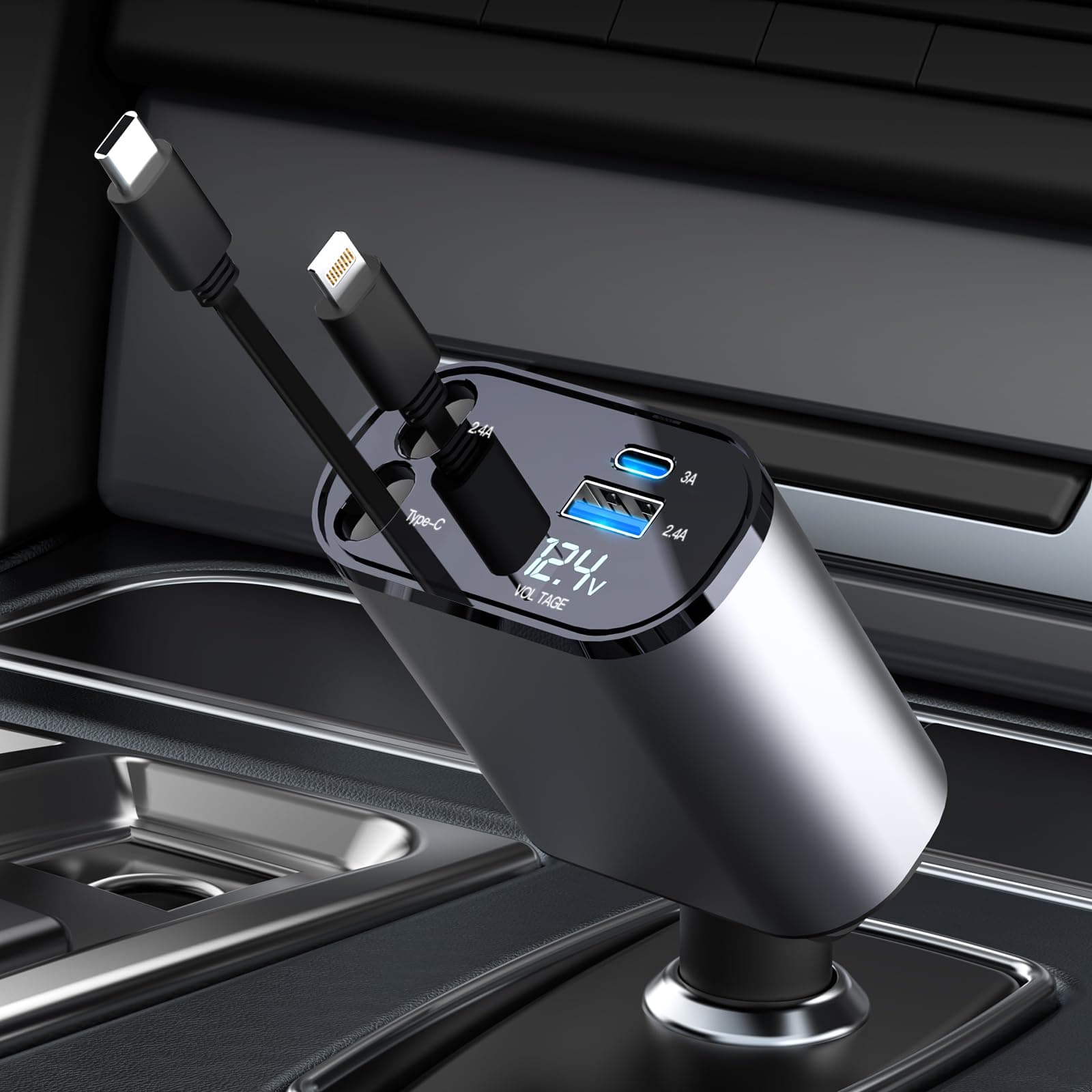 Aimtel Einziehbares Auto Ladegerät 60W Handy Schnellladegerät Auto Zigarettenanzünder SteckerAdapter Retractable Car Charger Kompatibel mit iPhone14/13/12/11/Galaxy S23/S22/S21/Google Pixel 7/6/HuaWei Lightning + Typ-C-Anschluss