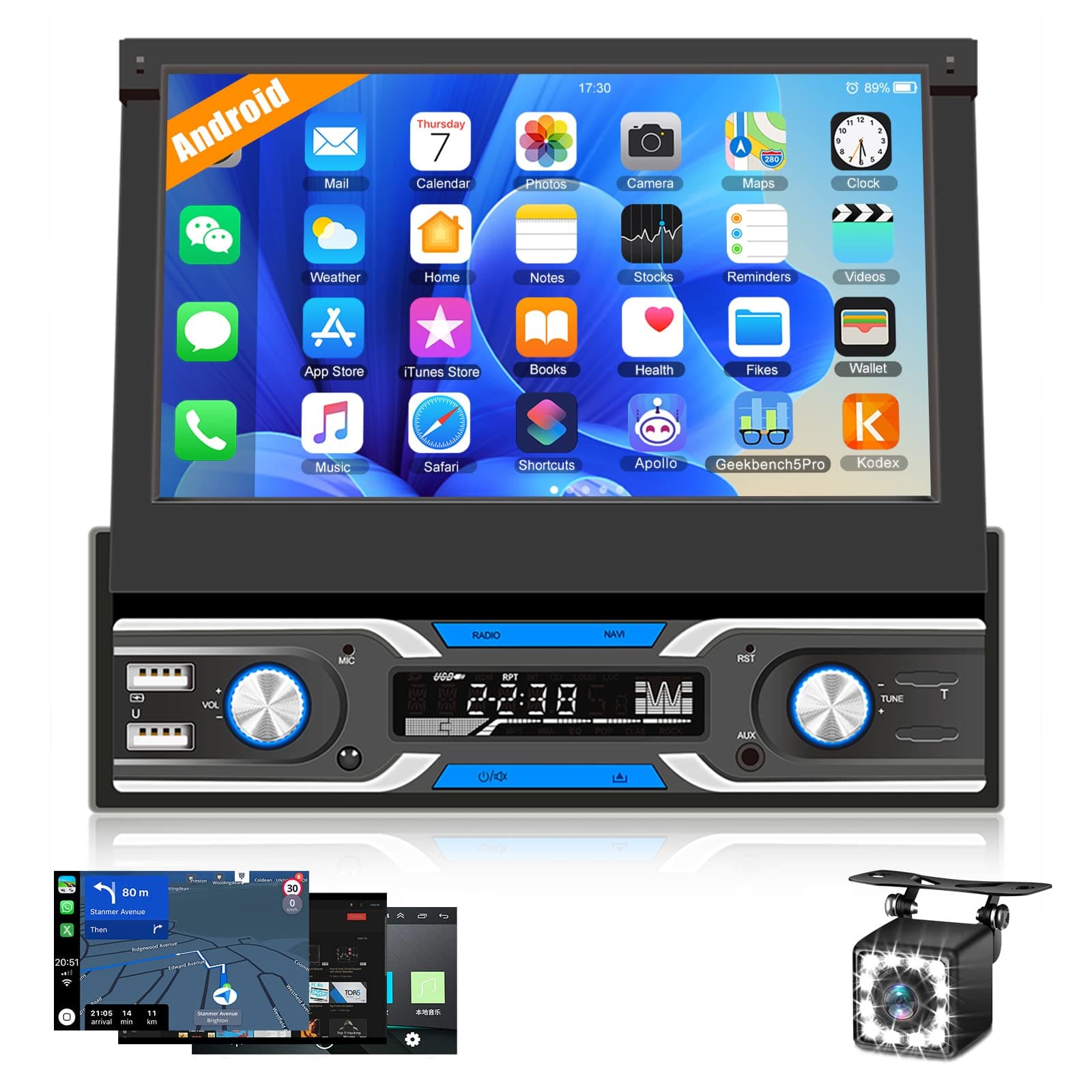 CAMECHO Android 10 Autoradio 1 Din mit Navi,Autoradio mit 7 Zoll Automatisch Bildschirm/Bluetooth-Freisprecheinrichtung/WiFi/USB/DVR-Eingang/Lenkradbedienung/Mirror Link + Rückfahrkamera 7 Zoll Motorisiertem Ausfahrbaren