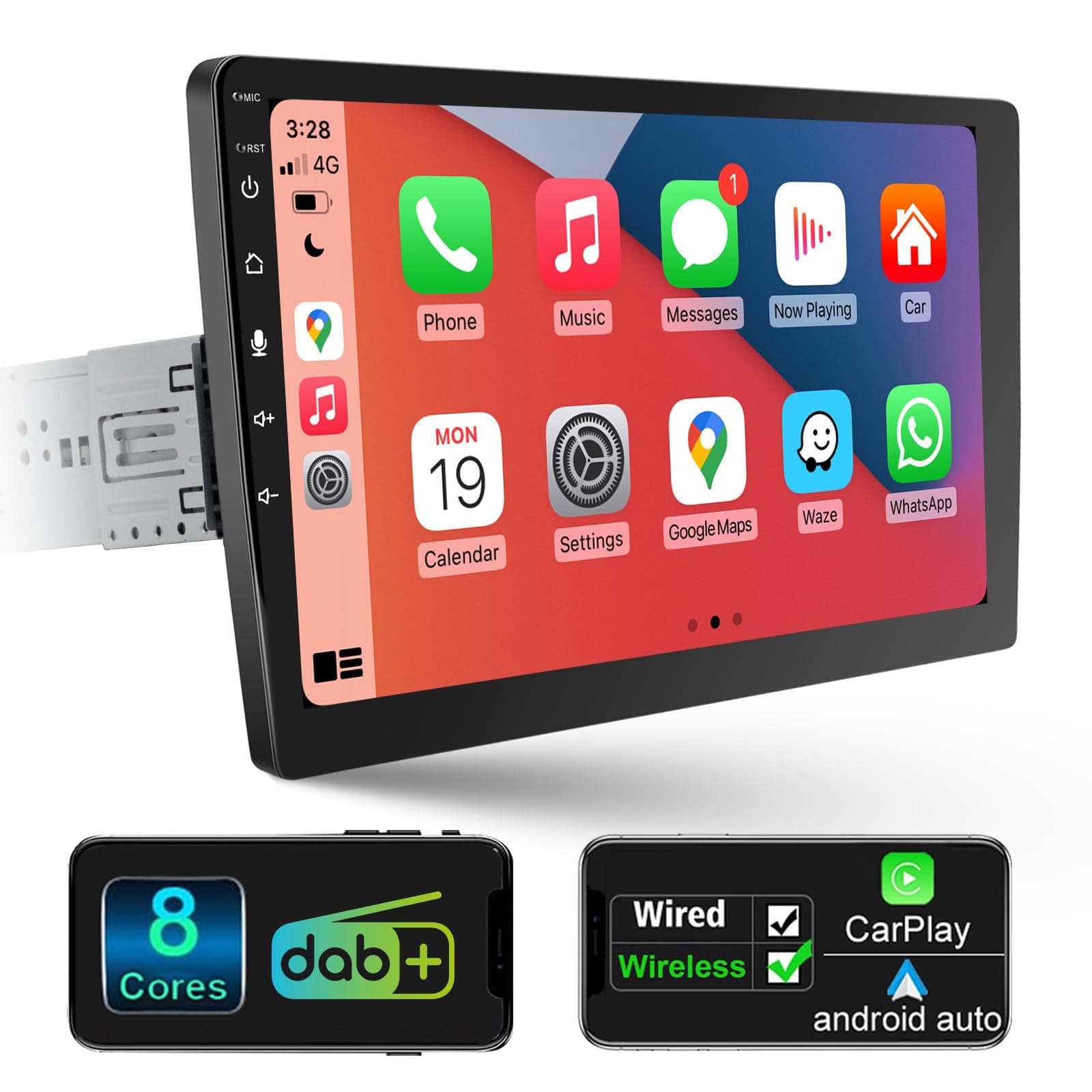 Android Autoradio 1 DIN Wireless Carplay Android Autoradio Touch Display Eingebaut DAB+, 10,1 Zoll HD Abnehmbares Bildschirm Autoradio mit Navi, WiFi 4G GPS AM/FM RDS Rückfahrkamera ，8 Core 2G+32G