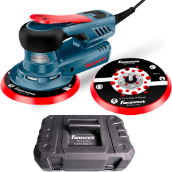 FANZWORK Exzenterschleifer MODEL FZ-EZ150A 5mm Schleifhub mit 150mm Schleifteller Klett. 350W bürstenlosen EC-Motor, inkl. 15x Schleifpapier, 1x Ersatz-Schleifteller, Tragkoffer Set mit Koffer/Ersatzteller