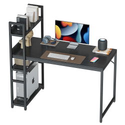 CubiCubi Schreibtisch, 120 x 60cm Groß Computertisch mit Regal rechts oder Links, Pc Gaming Tisch, Bürotisch fürs Büro Wohnzimmer, Stabil Stahlgestell schreibtische, Schwarz Schwarz 120 x 60 cm