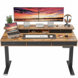 FEZIBO höhenverstellbarer elektrischer Schreibtisch，140 x 60 cm Stehtisch mit 5 Schubladen，Schwarzer Rahmen/Braun Oberfläche Fünf Schubladen 140-braun