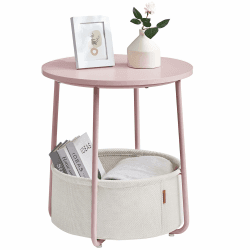 VASAGLE Beistelltisch rund, Kleiner Tisch, Couchtisch klein, Wohnzimmertisch mit Korb aus Stoff, Stauraum für Wohnzimmer, Schlafzimmer, Nachttisch modern, pastellrosa-wolkenweiß LET223R61 Pastellrosa + Wolkenweiß