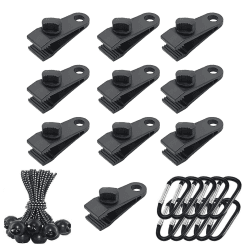 30 Stück Zeltplanen Clips Planenclips Zelt Clips Set Krokodil Mund Clip mit 10x Gummispanner Ball Bungee Schnur & 10x D-Form Karabiner für Camping, Outdoor und Zelte