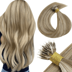 LaaVoo Echthaar Extensions Nanoring Highlighted Braun 50 cm Extensions Echthaar Nanoring Hair Extensions Hellbraun mit Hellblond Haarverlängerung Nanoring Echthaar 50g #P8/24 50 cm 3-Nano#P8/24