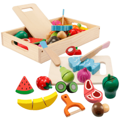 Dilpeak Spielküche Zubehör, Kinderküche Zubehör Holz, Küche Kinder Holzspielzeug, Obst Gemüse und Fleisch Kochsimulation Lernspielzeug für 3+ Jährige Jungen und Mädchen Klettverschluss