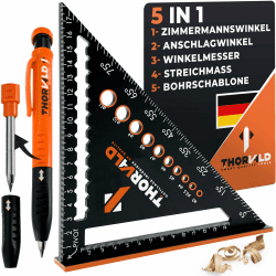 5-in-1 Zimmermannswinkel Winkelmesser Anschlagwinkel - Inkl. Tieflochmarker - Aluminiumwinkel mit 180 mm Schenkellänge zum präzisen Anreißen & Zeichnen/Multifunktional Perfekt um Zeit zu sparen