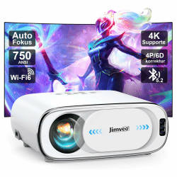 Beamer【Auto-Objektivdeckel / Auto-Fokus】Full HD 1080P 750ANSI WiFi6 Bluetooth Jimveo Beamer 4K Unterstützt Projektor,Auto-6D Trapezkorrektur Heimkino Video Beamer kompatibel mit Smartphone/TV Stick Weiß⭐️⭐️⭐️⭐️⭐️