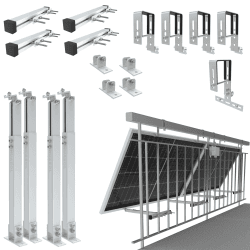 NuaSol - Balkonkraftwerkhalterung Geländer Befestigung für 2 Solarmodule und ein Wechselrichter Photovoltaik | Eckig | Set | Neigungswinkel 0° & 25-45°| Geländerbreite bis 80x80mm
