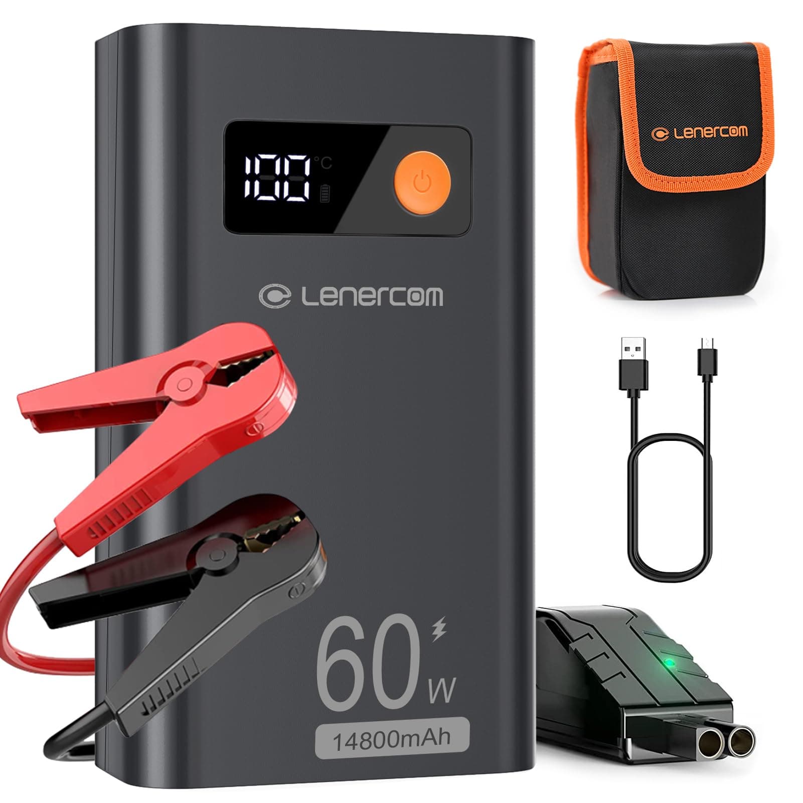 Lenercom Starthilfe Powerbank 1800A Peak Autostarter PD 60W Tragbare, 12V Auto Batterie Booster für 7 l Benzin und 4 l Dieselmotor Mit LED Taschenlampe