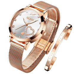 OLEVS Damenuhr Roségold mit Herz Diamant Schwarz Weiße Gesicht Quarz Armbanduhr Wasserdicht Gürtel Armreif Set