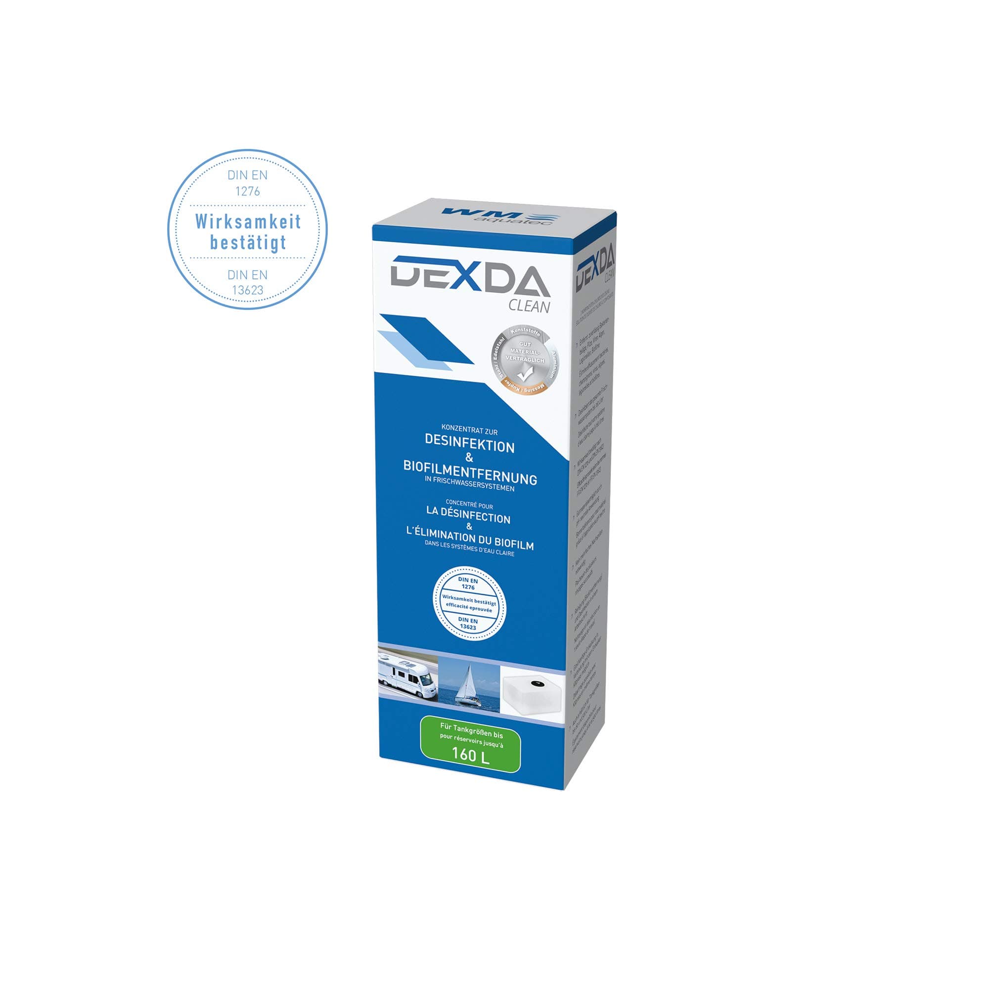 WM aquatec – DEXDA Clean 250 ml zur Tankdesinfektion & Leitungsdesinfektion für Wohnmobile, Caravans & Boote – Frischwassersystem Desinfektion & Biofilmentfernung für Tanks bis 160 L – Made in Germany Single