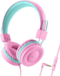 iClever Kopfhörer Kinder, Kabel Kopfhörer für Mädchen, Verstellbares Stirnband, Stereo Sound, Faltbare, Entwirrte Drähte, 3,5 mm Aux Jack, 85/94 dB Volume Limited, Kinder Kopfhörer auf Ohr pink