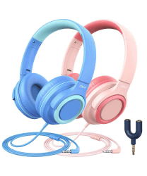 iClever [2 Pack] Kinder Kopfhörer- 94dB Safe Volume Limited - Wired Kopfhörer für Kinder mit Sharing Splitter, Tangle-Free Foldable Stereo Kopfhörer für Schule/Tablet/Reisen Rosa&Blau