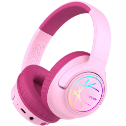 iClever Bluetooth Kinder Kopfhörer, Farbige LED-Leuchten, Kinderkopfhörer Over-Ear mit 74/85/94dB Lautstärkebegrenzung, 55 Stunden Spielzeit, eingebautes Mikrofon BTH18 (Rosa)