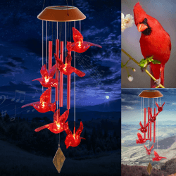 JIAUFU Kardinal Vogel Solar Windspiele für draußen hängend,Geschenke für Väter, Mütter, Freunde, Kollegen,LED Hängeleuchte Solarleuchten,Windspiel für Garten deko draußen, Hof, Terrasse und Heimdekor Flamingo & Rohr