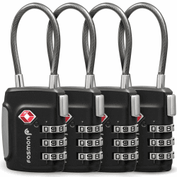 Fosmon Premium TSA Kabelschloss/Zahlenschloss/Vorhängeschloss/Reiseschloss/Gepäckschloss[4er Set|3 stellige Zahlencode][Rostfrei|Zink Legierung] Gepäck/Koffer USA - Schwarz 4 Pack - Schwarz 4 Pack