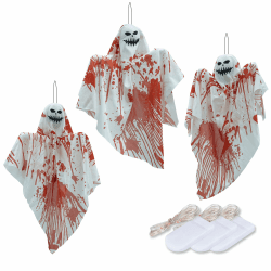 NEXVIN Halloween Deko Outdoor, 3 Stück Niedliche Halloween Hängende Geister mit 10 Rot LED Lichtern, Halloween Fliegende Geister für Baum Garten Patio Rasen Wand Party Halloween Hängende Dekorationen